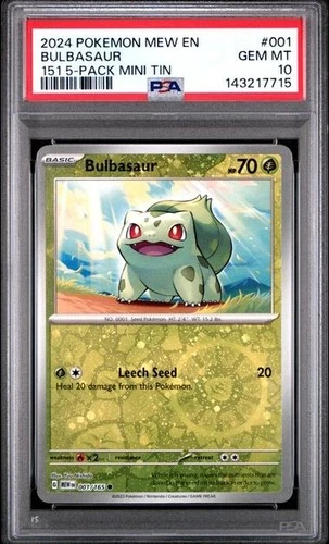 2024 Pokemon 151 001/165 Bulbasaur 5 pack mini tin cosmos Reverse holo PSA 10