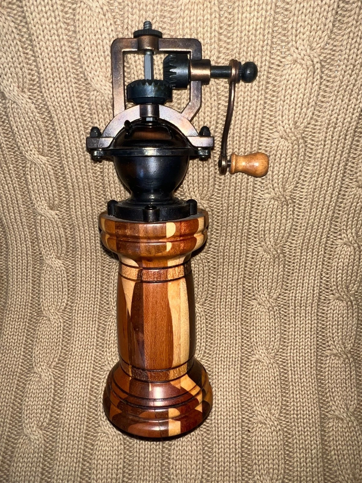 Vintage Hand Crank Style Pepper Mill Spice Grinder Metal Wood Old Fashion Signed