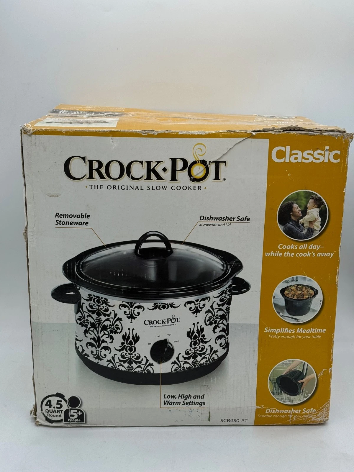 Crock-Pot 4.5 Qt Manual Slow Cooker Black & White Damask Pattern – SCR450-PT
