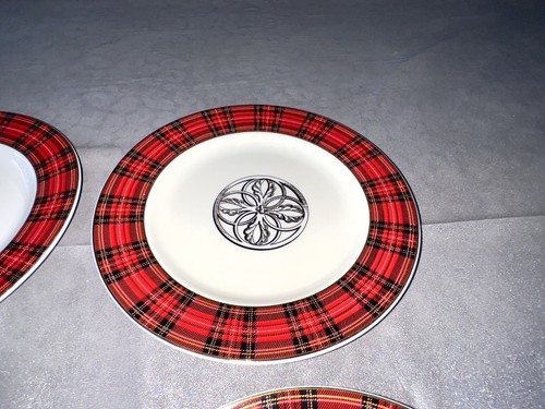 4 Rare Vintage Dessert Plates Carson Pirie red plaid gold trim,medallion design - Picture 3 of 10