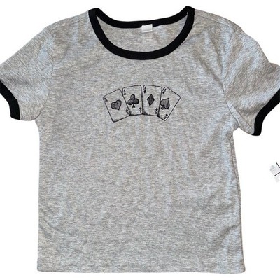Five Below Ringer T-Shirt Womens 2XL Heather Gray Black Aces Graphic poker cards