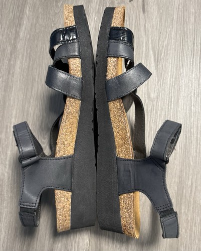 NAOT SOPHIA BLACK LEATHER STRAPPY WEDGE SANDAL SUEDE & CORK FOOTBED SIZE US 9 - Picture 5 of 9