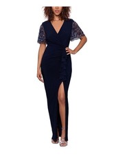 BETSY & ADAM Womens Navy Hi Slit Lined Flutter Sleeve Formal Gown Dress 6