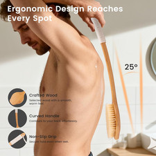 Bamboo Back Scrubber for Shower with Curved Long Handle - Stiff Natural Boar ...