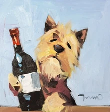Jose Trujillo Art PRINT 16x16 Collectible Artist Painting Dog Wine Bottle