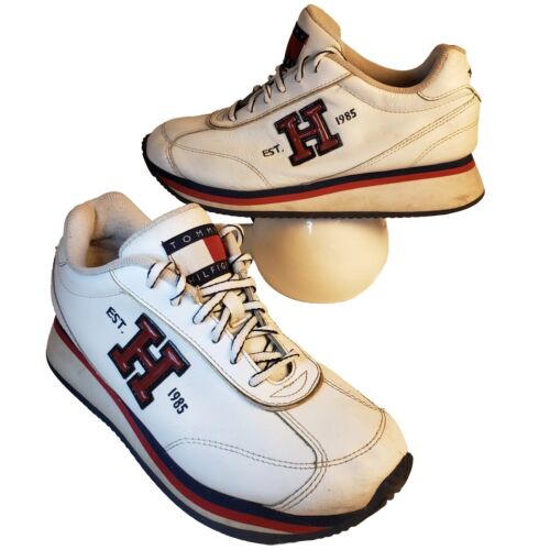 Women's Vintage 90s Tommy Hilfiger White Leather Sneakers Big H Flag Sz 8.5 M  - Picture 1 of 11