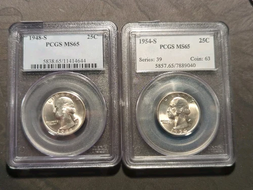 1948 S Washington Silver Quarter PCGS MS65 & 1954 S MS65 Lot Of 2 Graded Coins