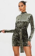 Pretty Little Thing Khaki Velvet High Neck Long Sleeve Tie Skirt Bodycon Dress
