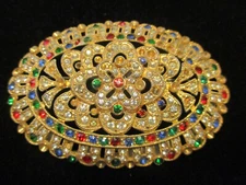 Antique Edwardian Filigree Red Green Blue Clear Pave Rhinestone Gold Tone Brooch
