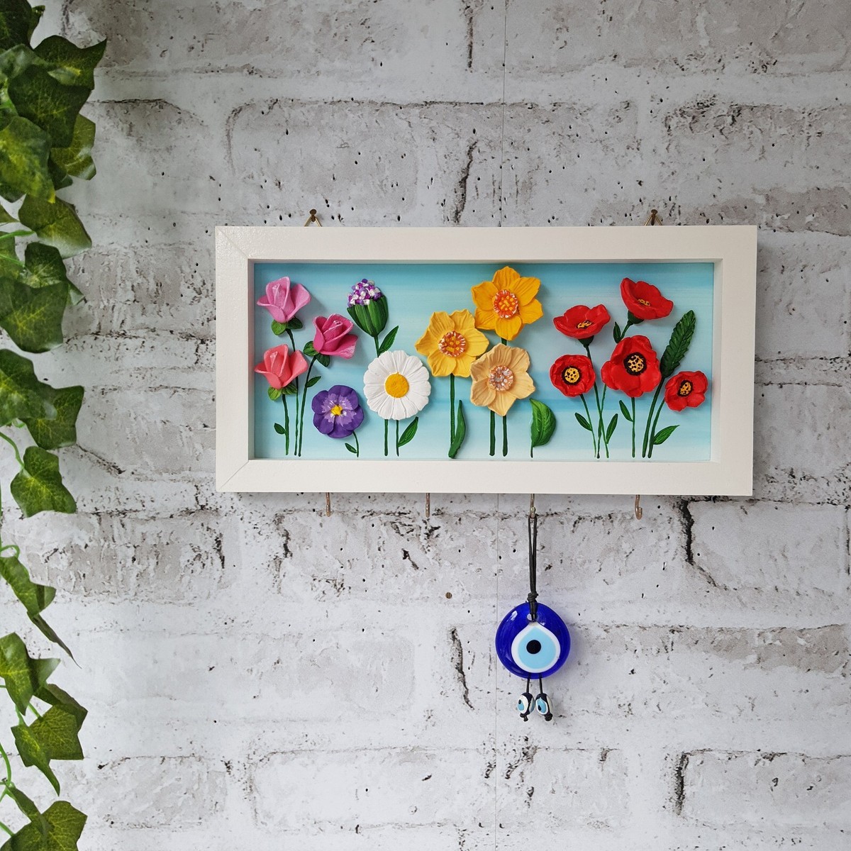 Handmade Floral Key Holder For Wall, Colorful Flowers 3D Framed