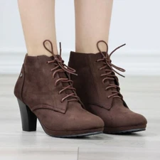 Womens Ankle Boots Lace Up Block Heel Booties Brown Faux Suede