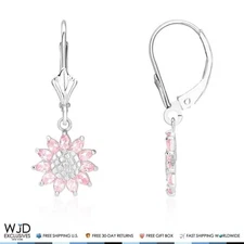 Pink Tourmaline Sunflower Shaped Dangle Leverback Earrings 14K White Gold