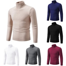 Mens Slim Knitwear Turtleneck Sweater Pullover Solid Color Warm Long Sleeve