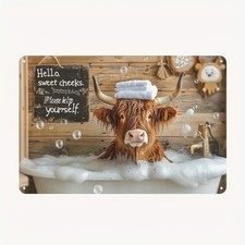 Vintage Metal Wall Art Aluminum Sign 8x12 Funny Cow Bathtub Hello Sweet Cheeks