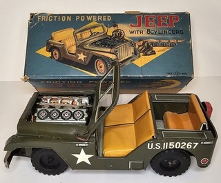 Vintage TN Japan Tin Litho Friction US Army Jeep 8 cylinder Toy works w/ box