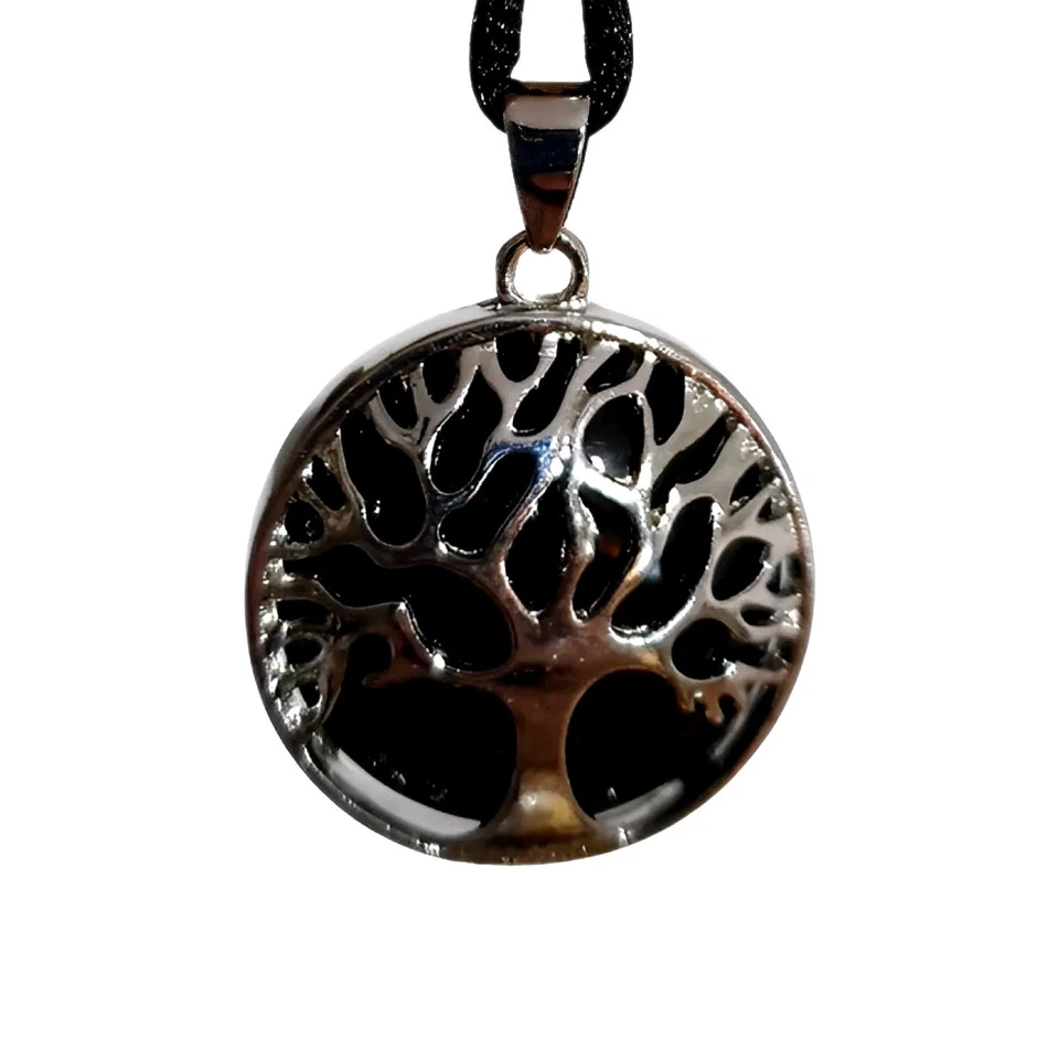 Collar Obsidiana Negra Árbol de la Vida Piedras Preciosas Colgante Cordón Chakra Lágrima Apache Foto 2 de 4