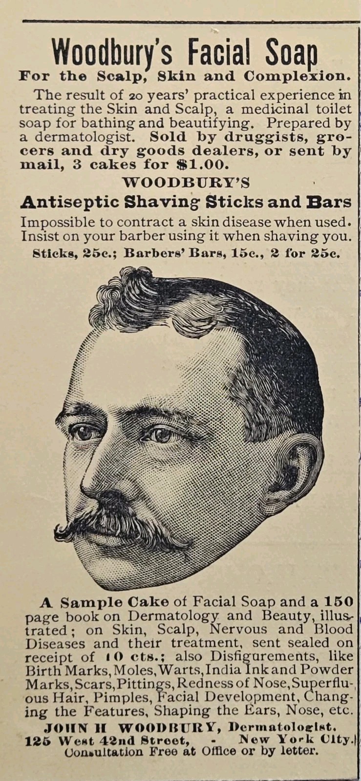 1893 Woodbury Facial Soap Print Ad - Antiseptic Shaving Sticks and Bars Mustache