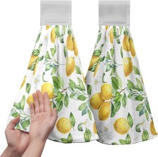 Spring Lemon Kitchen Hand Towels with Loop 2 Pcs Summer Leaves Yellow Lemons