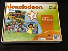 Nickelodeon 3 Pack Wooden Puzzles in Wood Storage Box by Cardinal DORA
