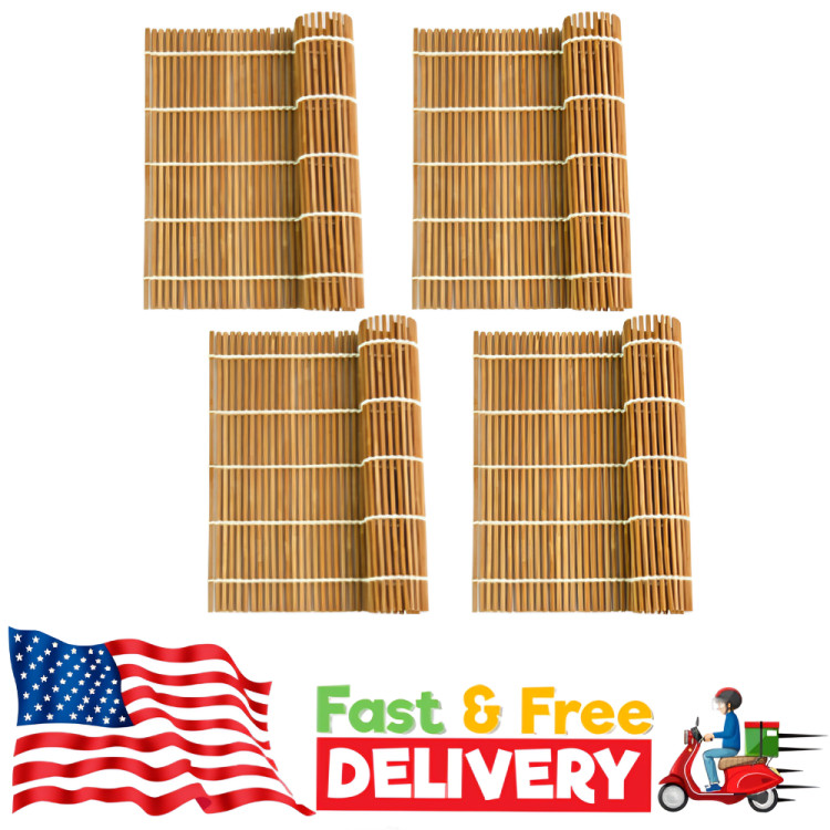 4 Pack Bamboo Sushi Rolling Mat - Reusable Sushi Roller Kit 9.5x9.5 Inch, NEW
