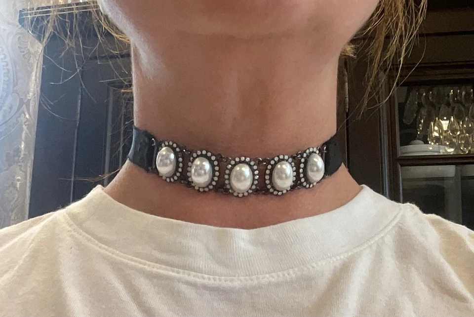 Pearl Ribbon Choker Necklace Bracelet Victorian Black Tie Opal Vintage Goth - Image 2 of 4