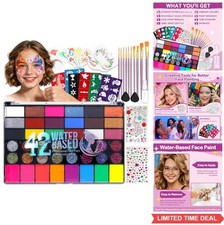 Face Painting Kit 42 Color Water Activated Palette Matte Glitter UV Glow