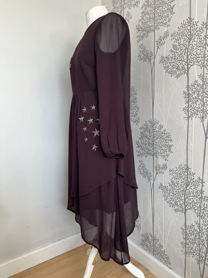 Mint Velvet Purple Silver Star Embroidered Floaty Sheer Dress Size Uk 12 - Image 4 of 4