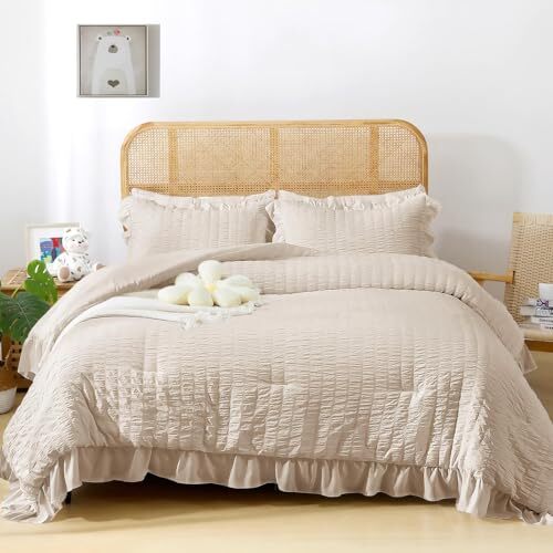 Comforter Set, 3 Pieces Seersucker Comforters Size, Lightweight & Queen Beige-image