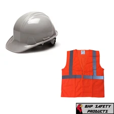 Gray Cap Style Safety Hard Hat with Hi-Vis Orange Vest Construction