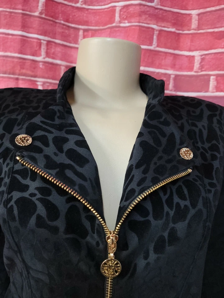 ANNE KLEIN Womens Animal Print Black Gold Zip Cardigan Blazer Jacket Sz S #CB5 - Image 2 of 4
