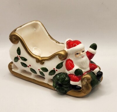 Vitabath Ceramic Santa with Sleigh Hand Painted 7 Inches Long Planter Candy Dish