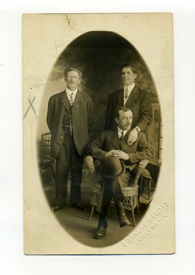 Canada, NS, postmark Bridgewater, portrait 3 men, 1912 RPPC photo postcard