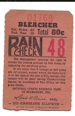 ~1954 MILWAUKEE BRAVES (Second Year) Ticket Stub Aug 7, 3 Mathews NICE COND~