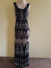 Summery Black Print Maxi Dress- Sz M, Sleeveless ,Ruffle, Rayon- INDIA