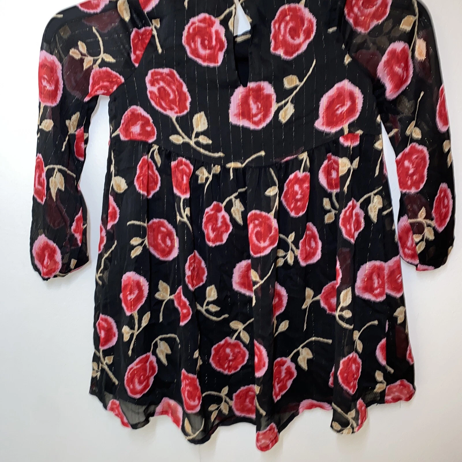 Abito da ragazza Kate Spade taglia 5 rose giovanili su sfondo filo metallico nero