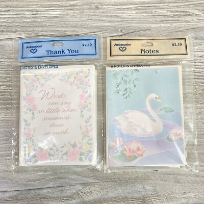 Lot of 2 Packs Vintage Hallmark Note Cards Envelopes Swan Floral Pastel ...