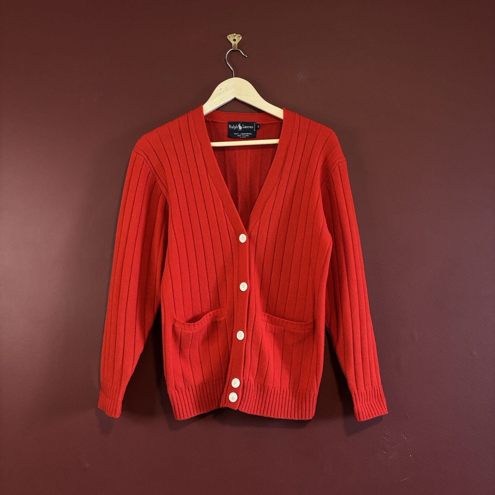 Vintage Ralph Lauren Lambswool Cardigan Sweater Womens Small Rib Knit Red Pocket