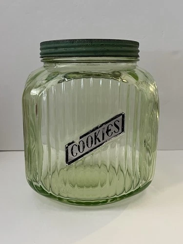 1930s Uranium Glass Hoosier Canister Cookie Jar Large Depression Vaseline Glass