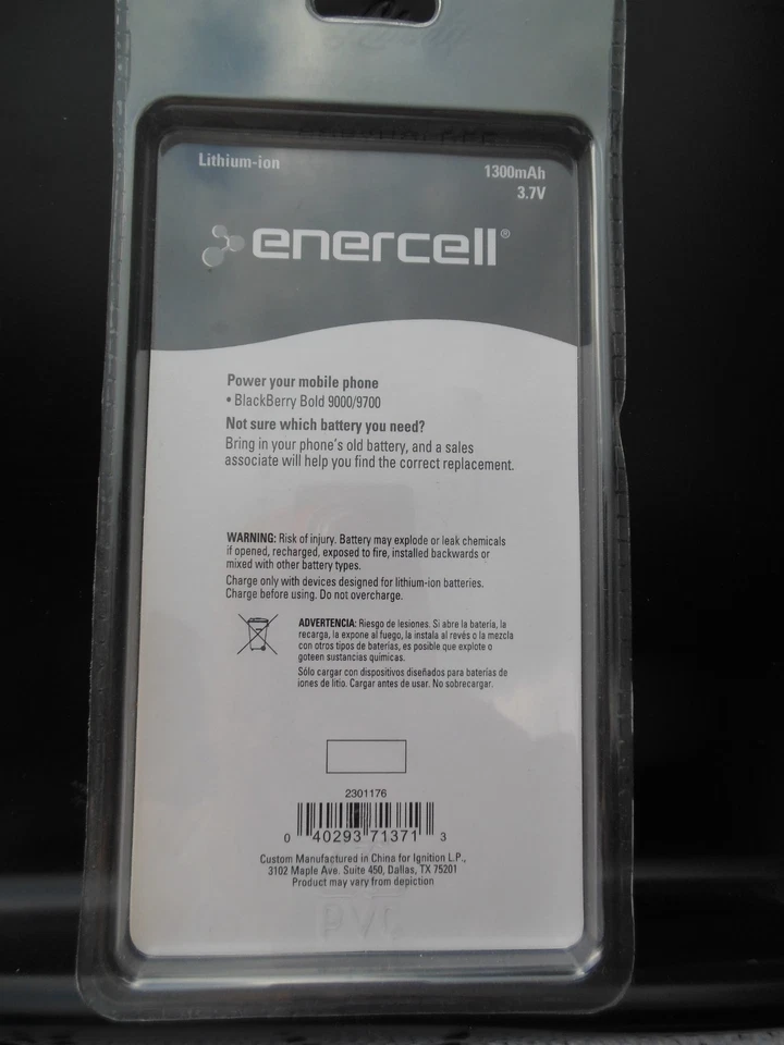 Batería de Teléfono Celular Nueva en Paquete Enercell Nº 23-1176 Iones de Litio Blackberry 9000/9700 Foto 2 de 4