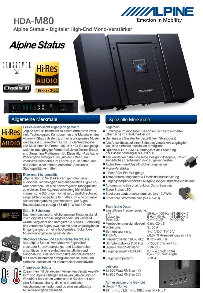 Alpine HDA-M80 Amplificatore di stato digitale mono 1 canale 800 Watt RMS - Immagine 3 di 4