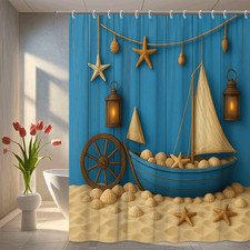 Coastal Beach Theme Shower Curtain with Boat and Starfish Design