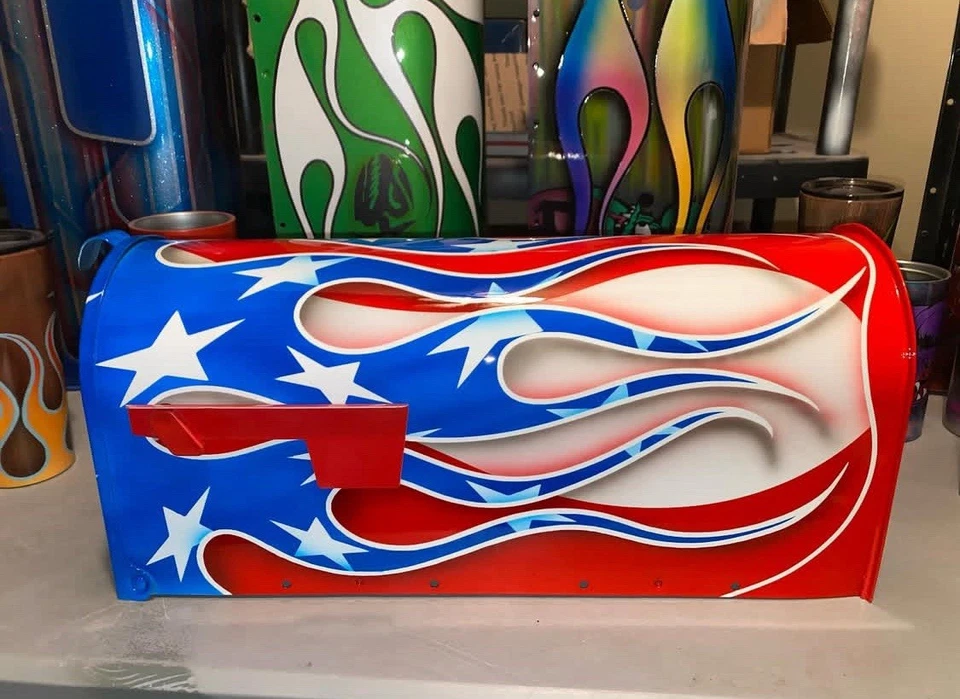 Custom painted Hot Rod Flame American Flag Mailbox - Image 2 of 4