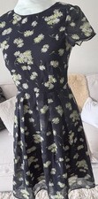 Light weight Dark Blue Fit and Flare Dress with Chrysanthemum Pattern, XS, UK6