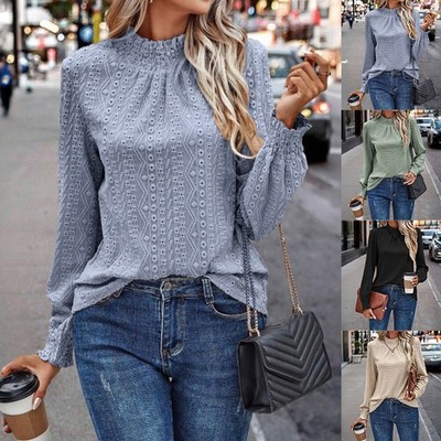 Damen Langarm T-Shirt Herbst Elegant Tops Oberteile Falten Bluse Casual Shirts *