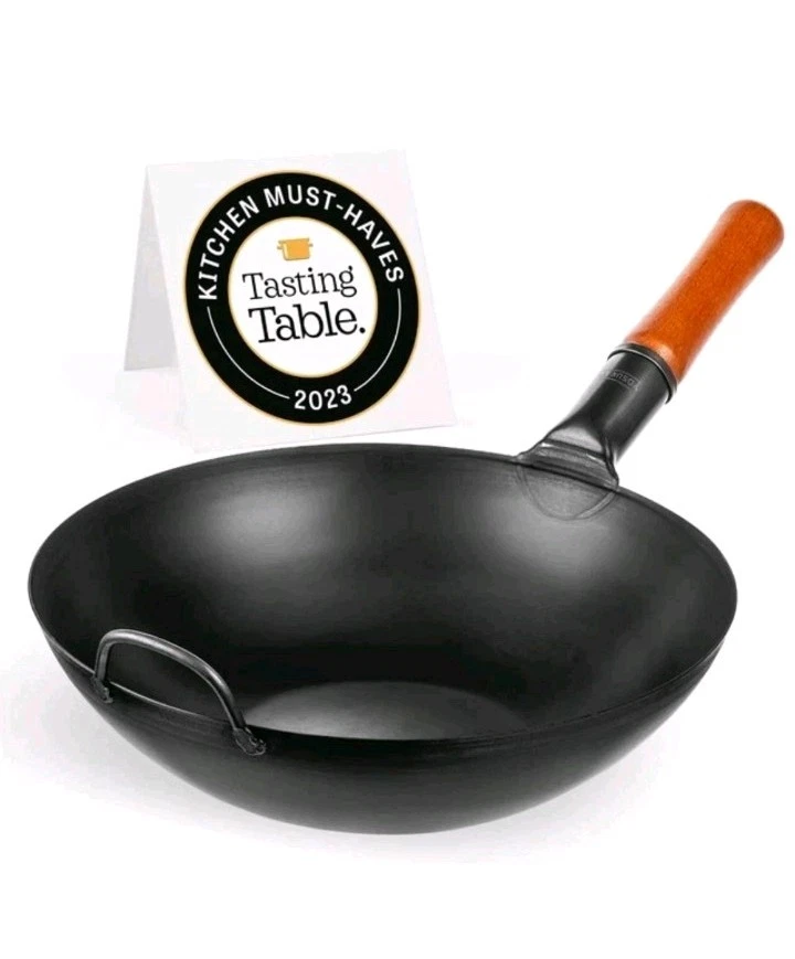 Wok Pan Flat Bottom Carbon Steel 13.5 in 34cm Black Steel Wok Stir Fry YOSUKATA