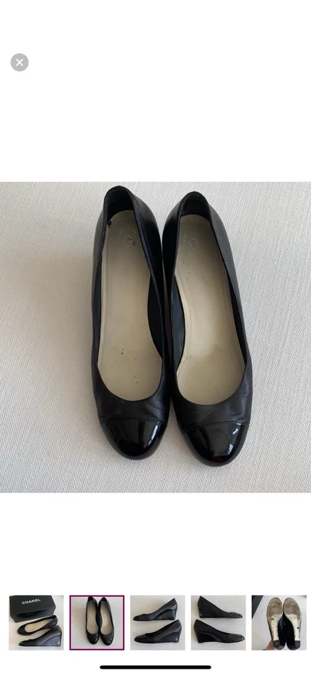 Chanel Y2K CC Logo Black Leather Escarpins Cap Toe Wedge Pumps Sz 41  - Image 2 of 4