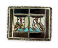Vintage Owl Zuni Silver Belt Buckle Inlay Native American Turquoise Multi Stone