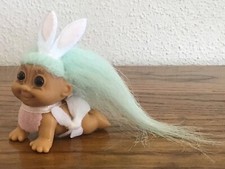 Vintage Russ Trolls Doll Crawling Baby Troll Baby blue Hair Bib  Diaper