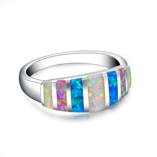 Shimmer Blue Pink White Inlay Wide Silver Ring Band US Size 6 - 10 Free Gift Box - Picture 2 of 7