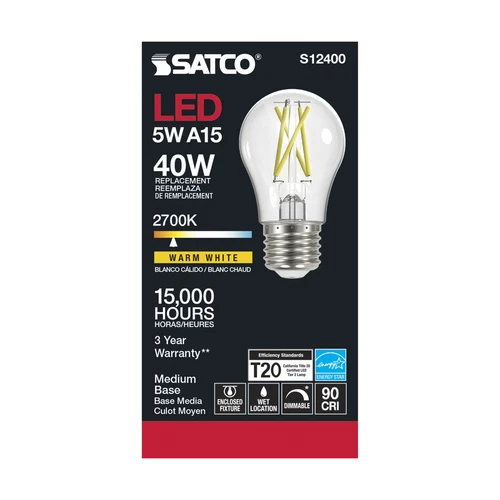 Satco S12400 LED Filament Bulb 120V 5W A15 Medium E26 Clear 2700K Warm White - Picture 2 of 6
